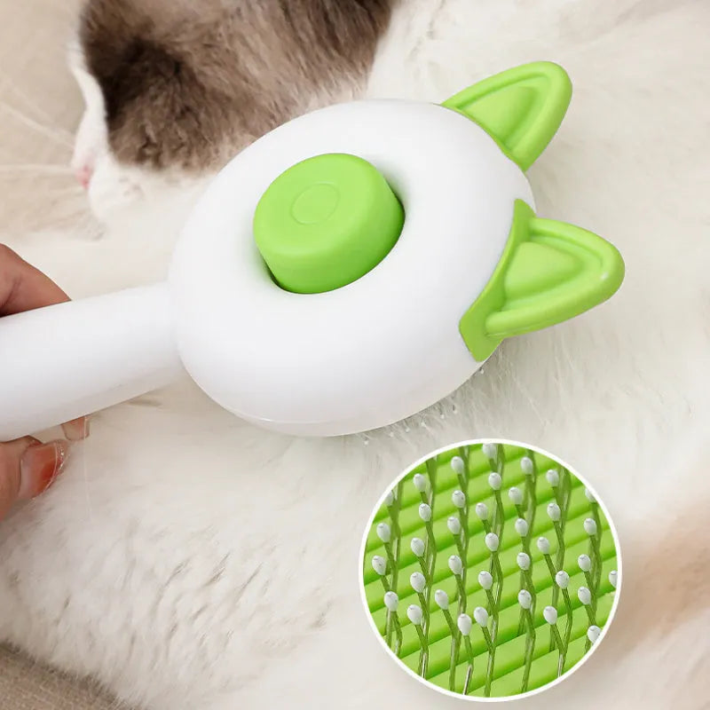 Self-cleaning pet grooming brush with stainless steel teeth and TPR massage nodes in greenish white colour.