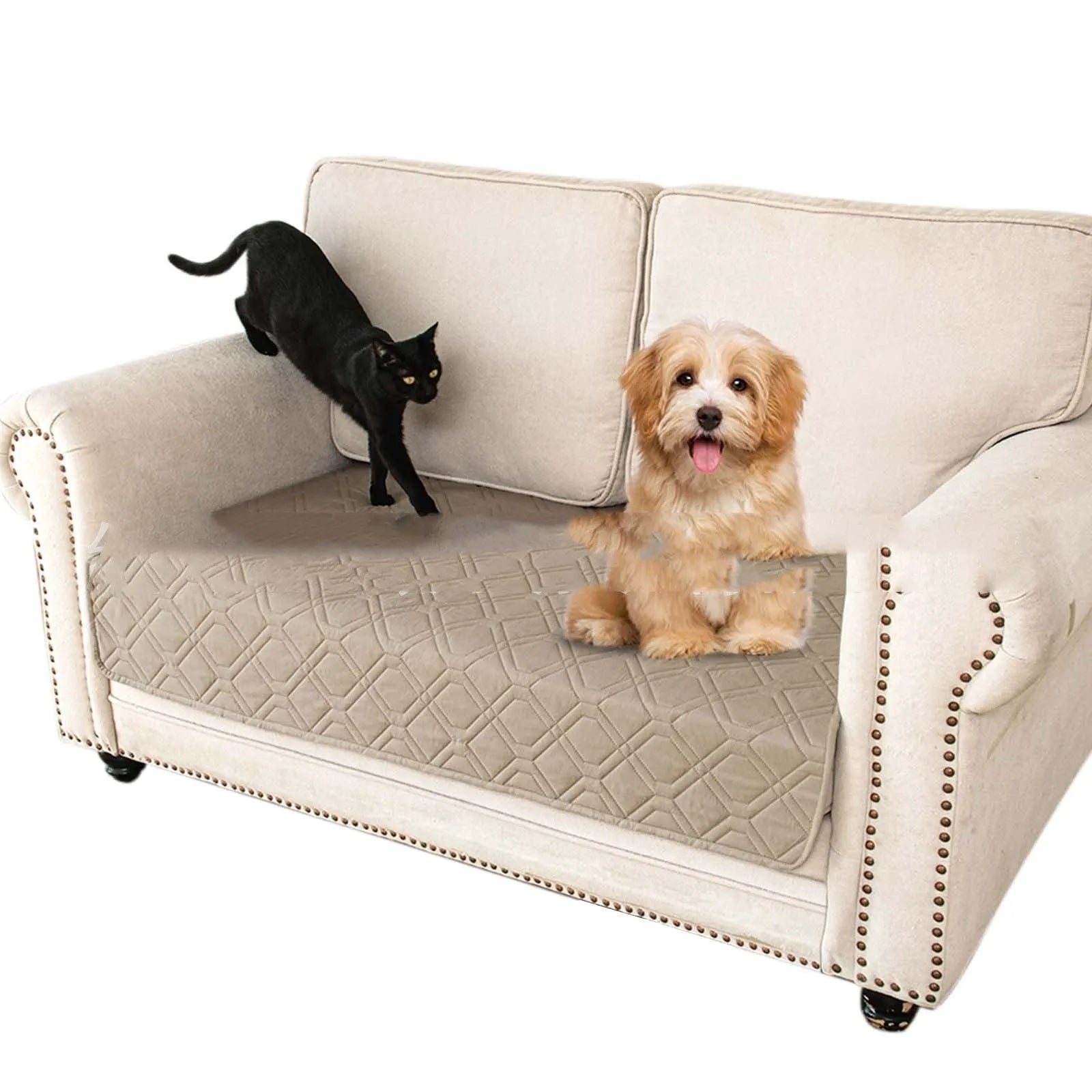 Reversible waterproof pet cushion for sofas in two-tone colours, shown alongside a size chart.