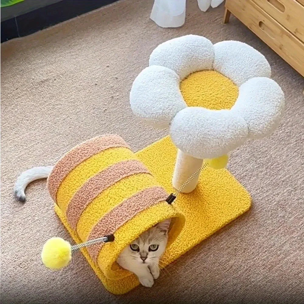 Yellow bee-themed cat climbing frame with sisal scratching board and tunnel, 46cm wide