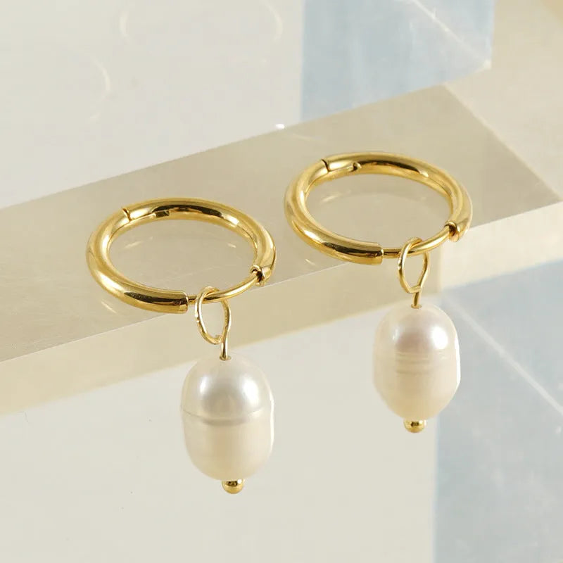 Gold stainless steel geometric earrings with freshwater pearl and titanium posts