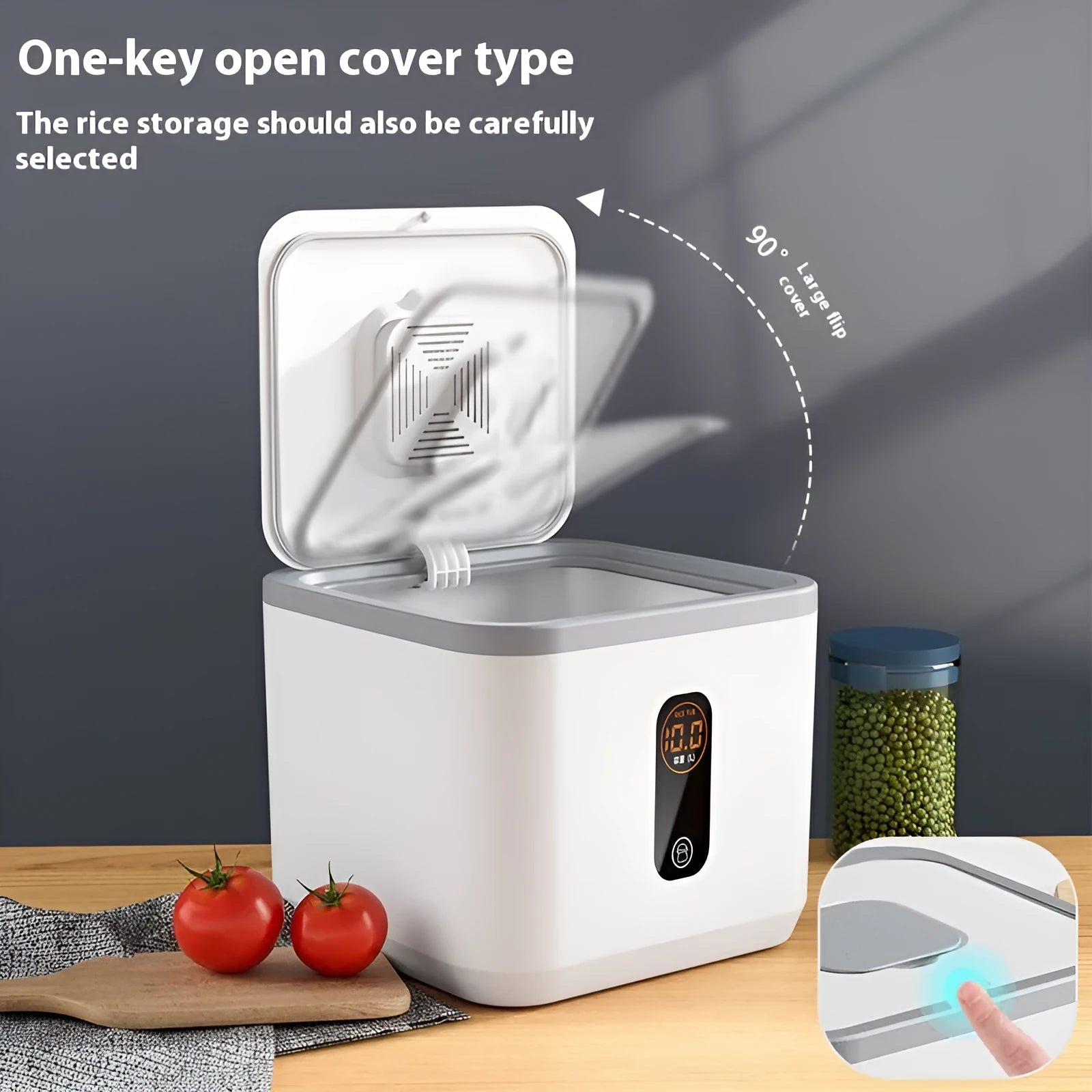 Grey plastic rice storage jar with a sealed lid and a measuring cup
