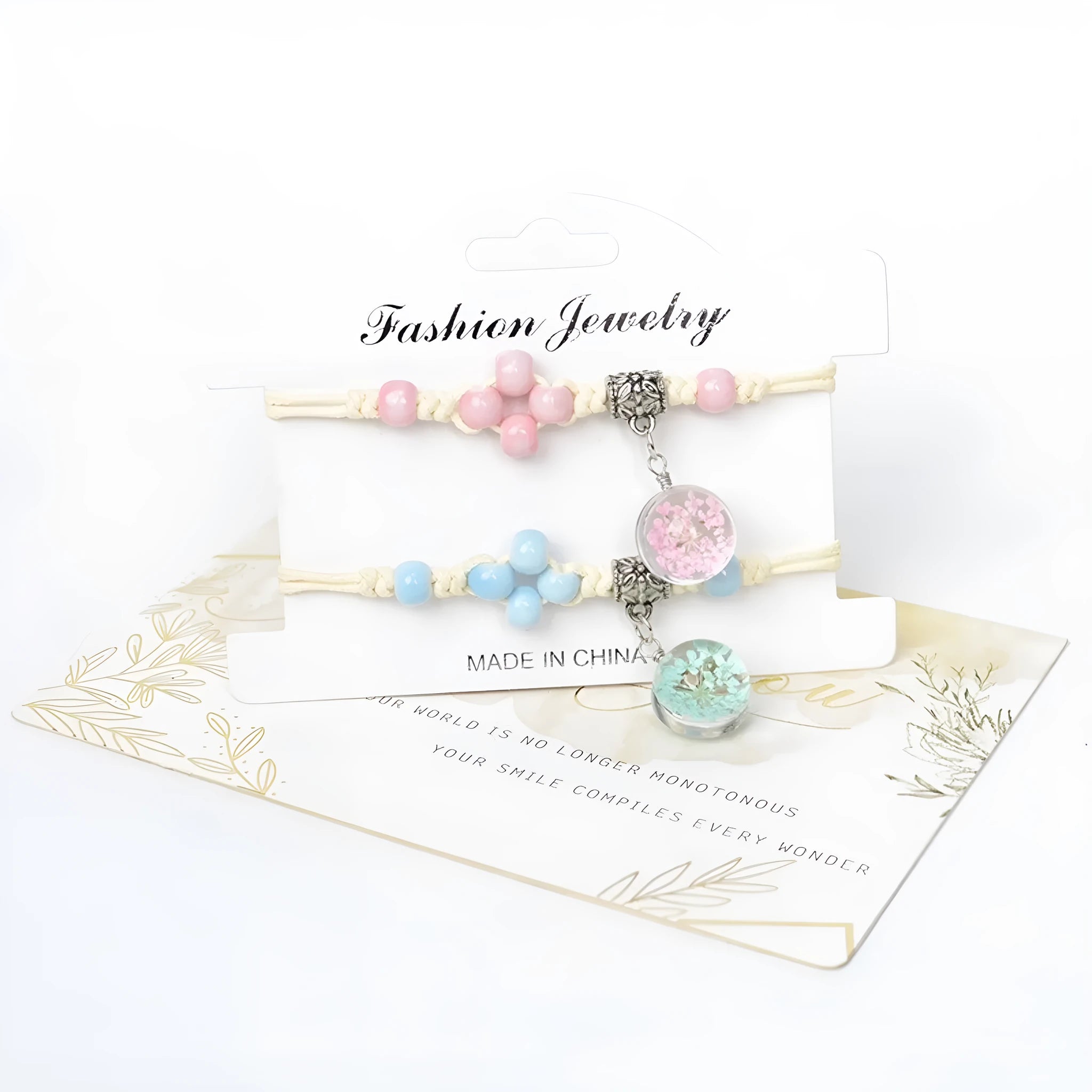 Glass bracelet with dried flowers inside 1.4cm beads on lace-style band in multiple colour options