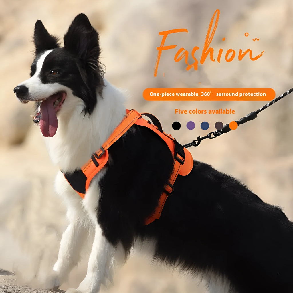 Reflective dog harness vest with integrated hand-holding rope leash in orange colour showing explosion-proof chest strap design