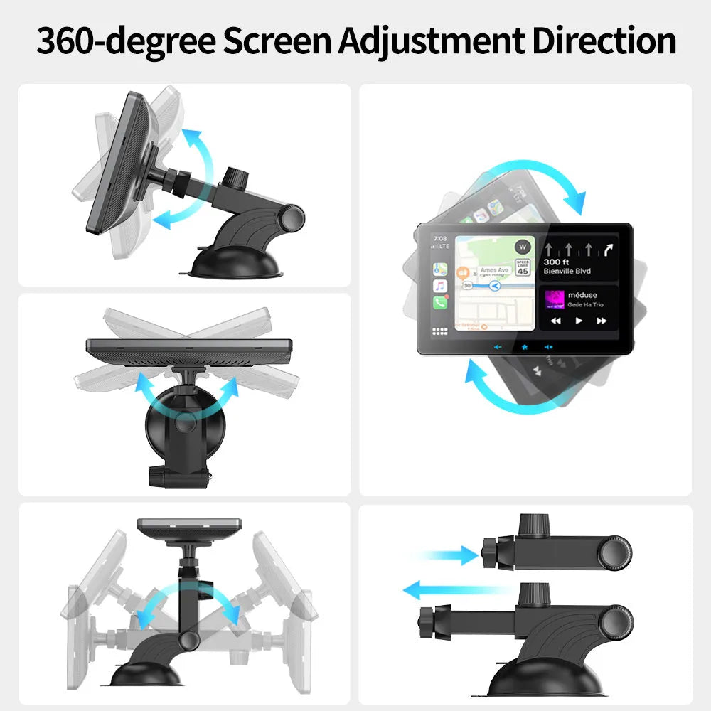 7 inch wireless CarPlay car display with suction cup mount and cigarette lighter connector