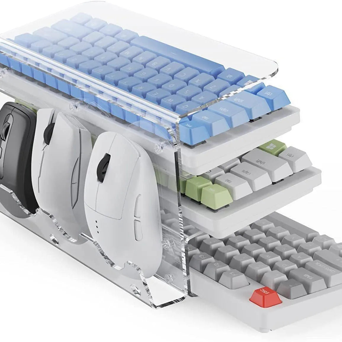 Plastic inclined computer keyboard holder bracket in green on a desk