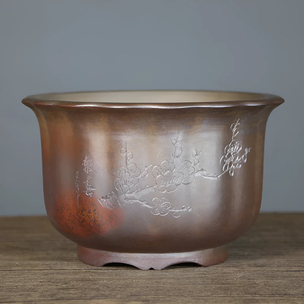 Antique carved purple sand ceramic bonsai pot with wood-burned finish in large size.
