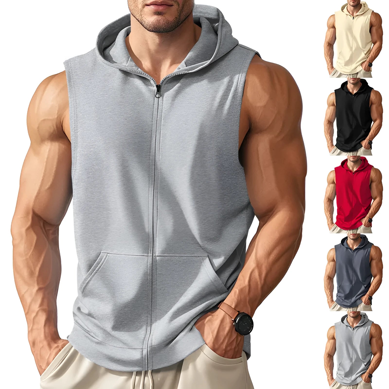 Men's zip-up sleeveless training vest in solid colour with hood and pockets, side view on model