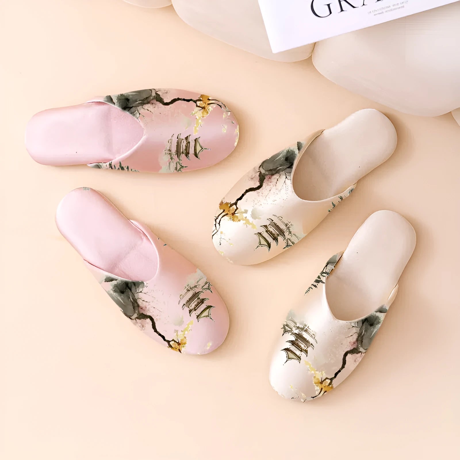 Women's non-slip printed fabric slippers with satin upper and cotton inner, available in multiple sizes and colours