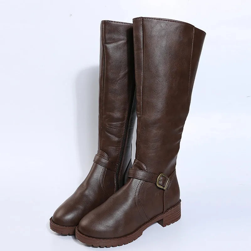 Women's black knight boots with a square heel, round toe, and decorative buckle.