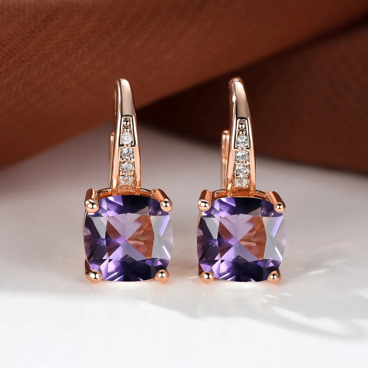 Square zircon geometric ear hook earrings in electroplated copper with Korean style design
