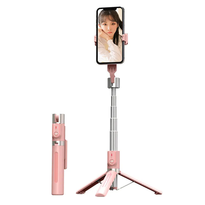 Bluetooth selfie stick with double fill light extended on desktop showing aluminium alloy arm and stand base