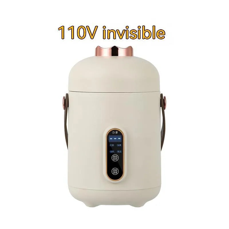 Personal portable electric stew cooker with transparent glass pot and fibreglass body on a counter.