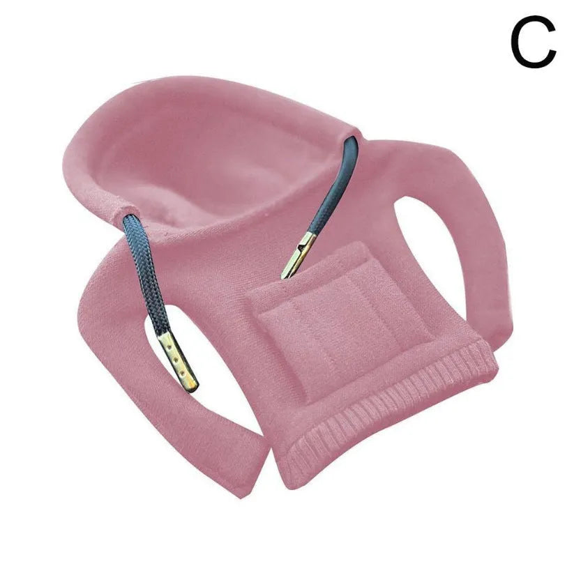 Cloth gear shift knob hoodie cover in assorted colours, shown next to a car gear stick.