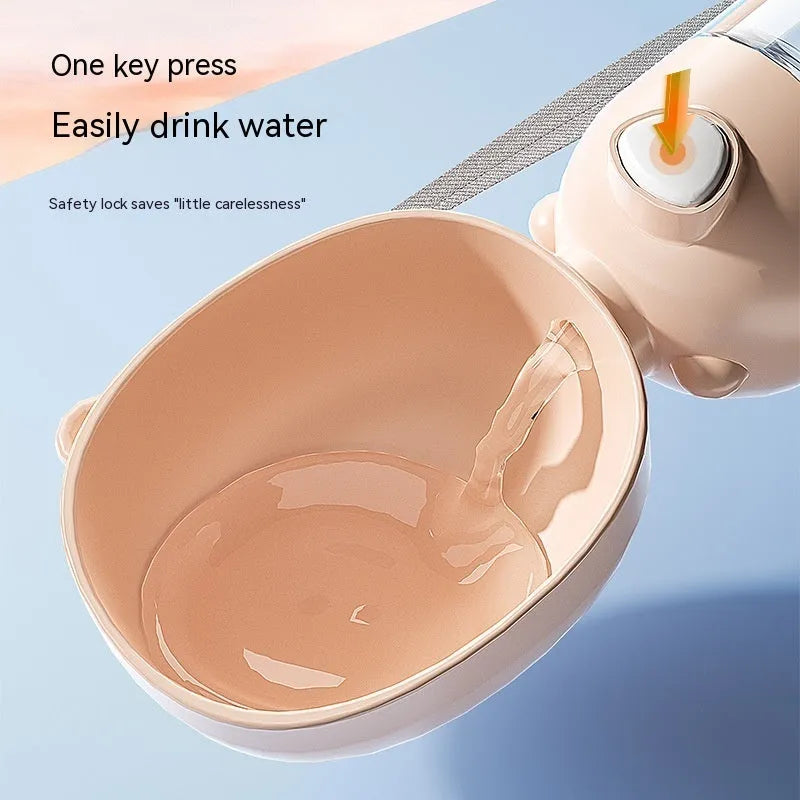 Portable dog water bottle and food container for outdoor travel, shown in yellow, pink, and brown colours.