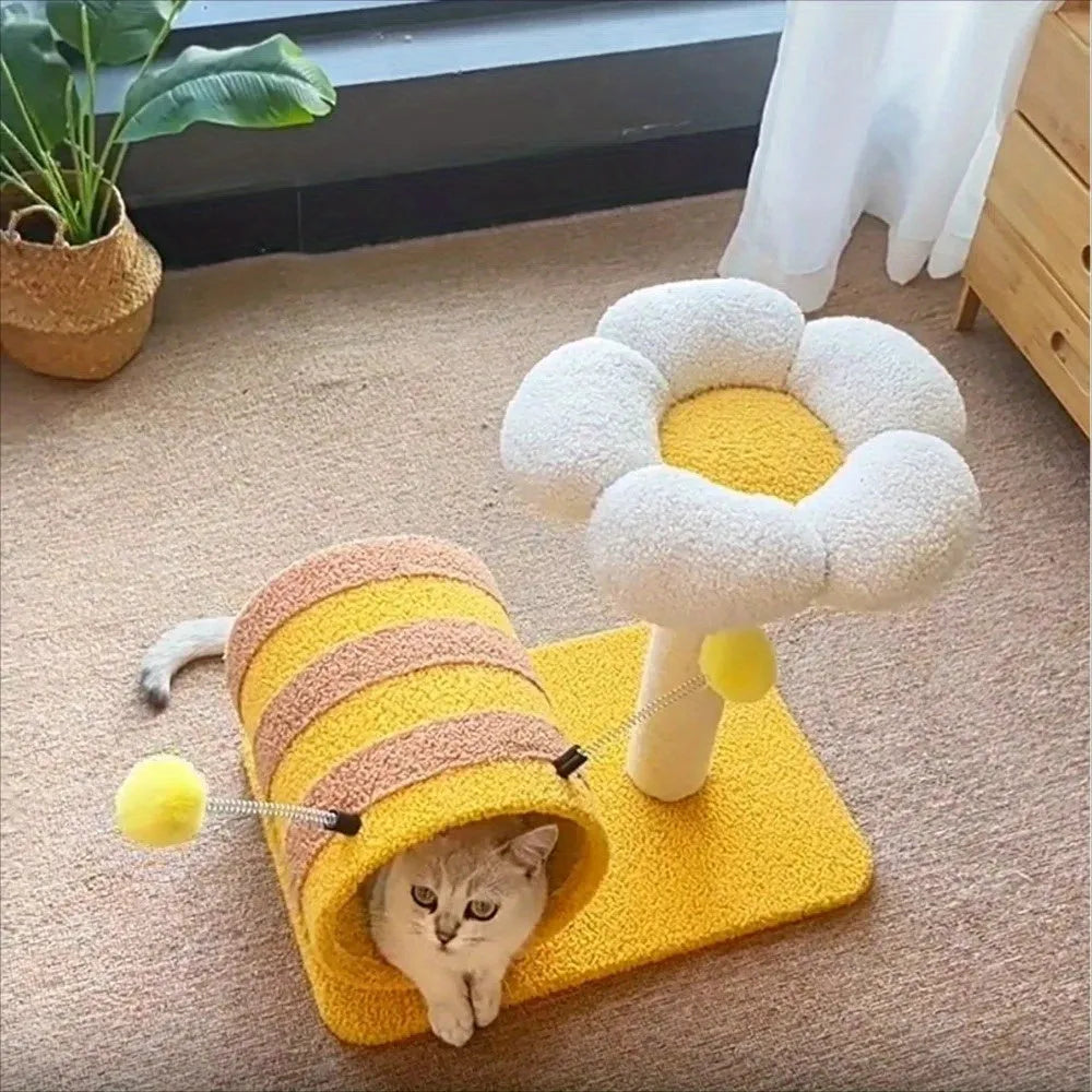 Yellow bee-themed cat climbing frame with sisal scratching board and tunnel, 46cm wide