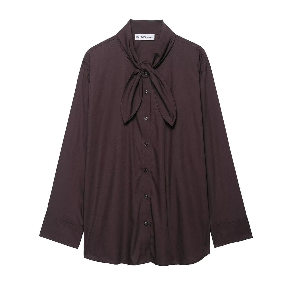 Brown women's poplin shirt with long sleeves, a bow tie, and a loose cardigan fit.