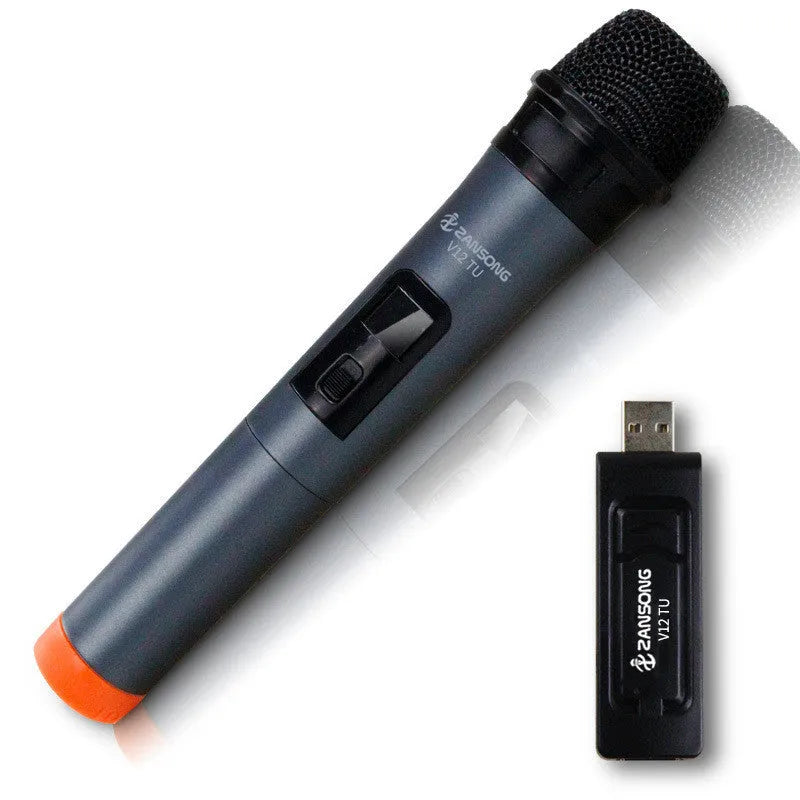 Black dynamic wireless handheld V12 microphone with USB receiver and adapter