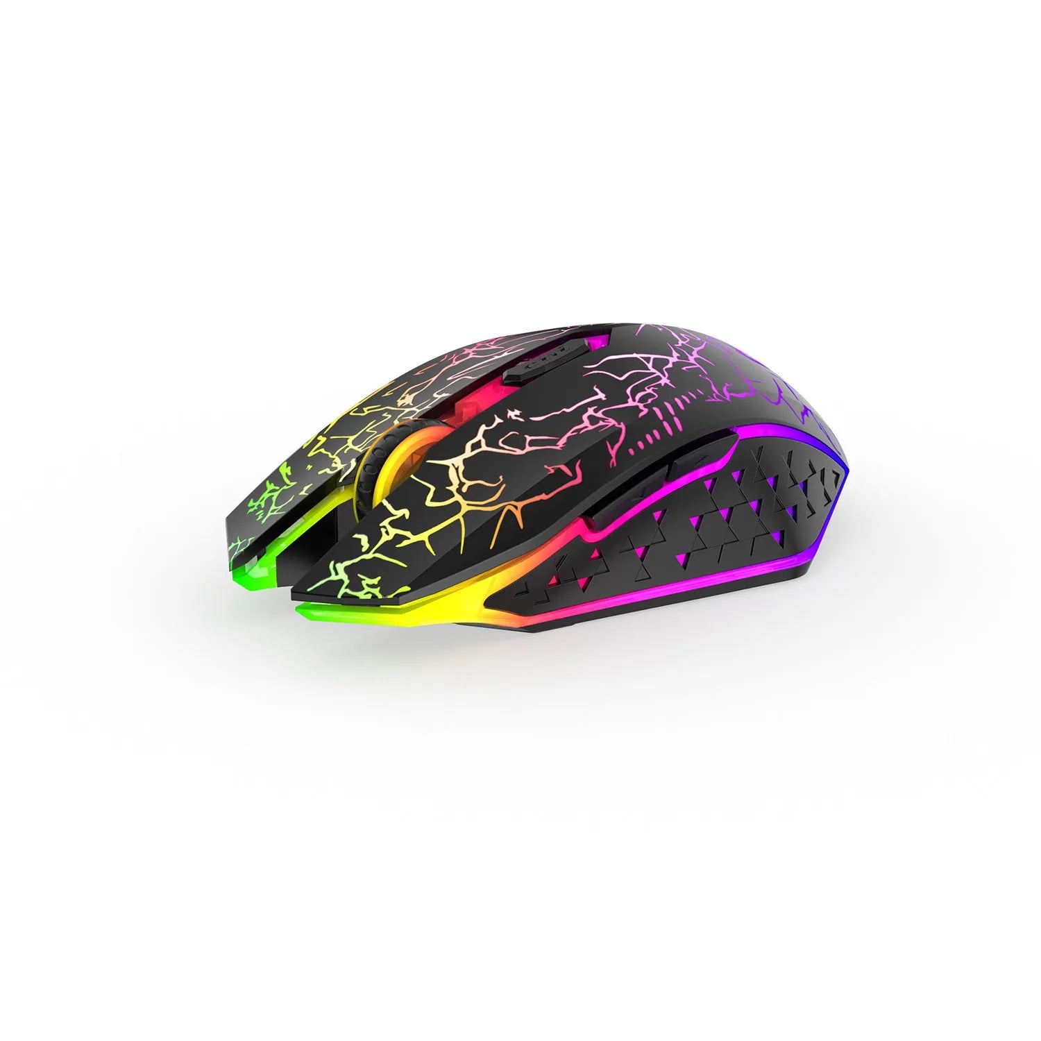 Black and white versions of wireless gaming mouse with RGB lighting on desk