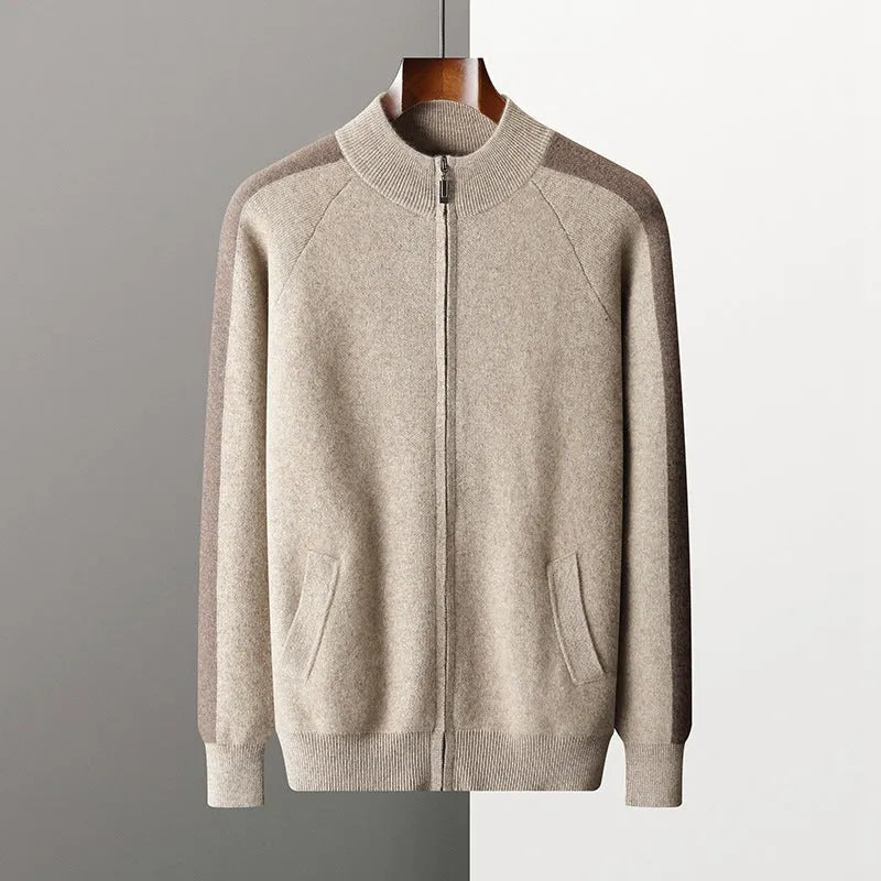 Men's camel cashmere blend half turtleneck zip-up cardigan suit with trousers