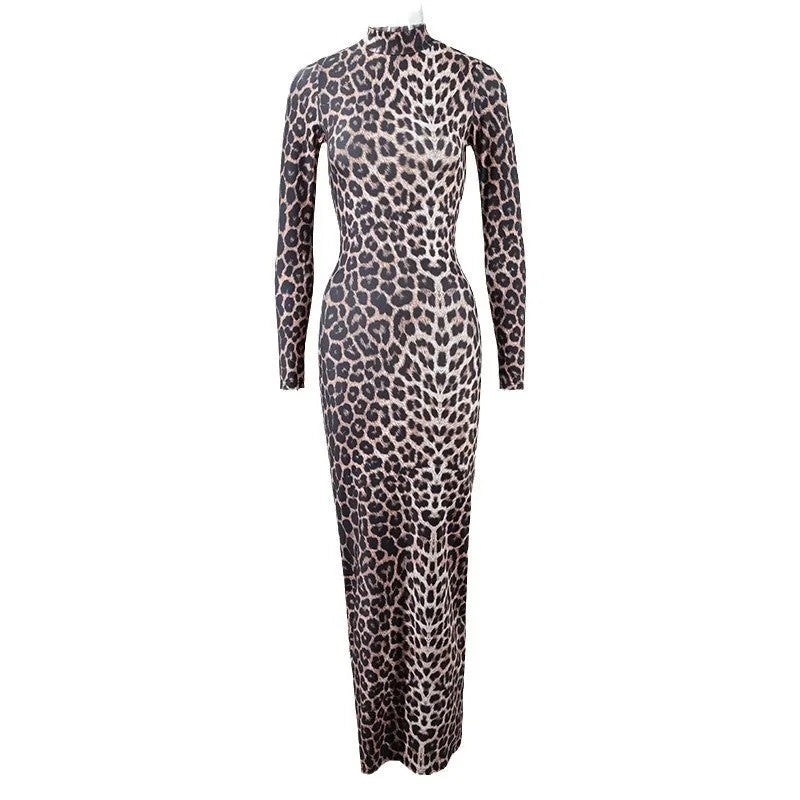 Leopard print long dress with stand collar and long sleeves in milk silk fabric