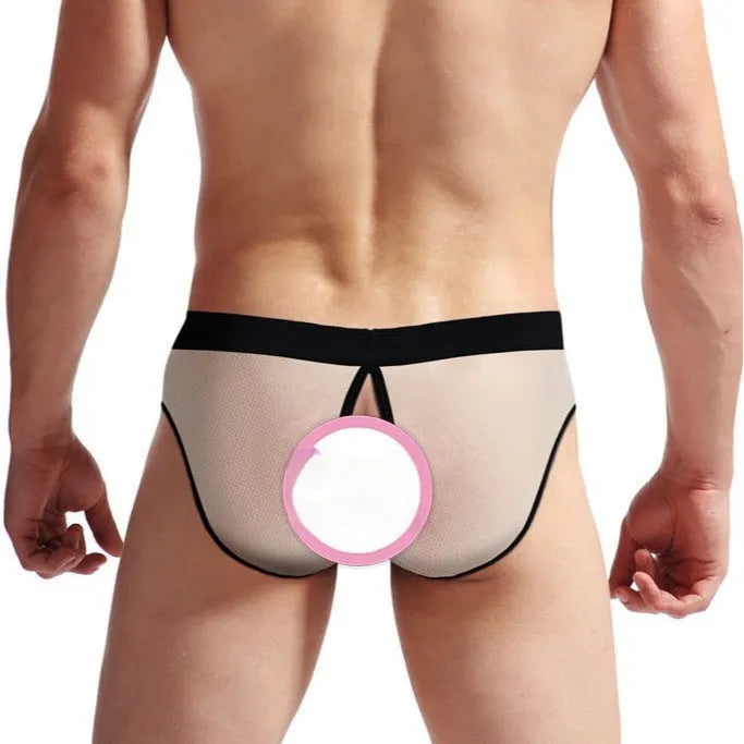 Men's mesh back rubber band triangle shorts in black with stretch waist, free size nylon athletic swim bottoms