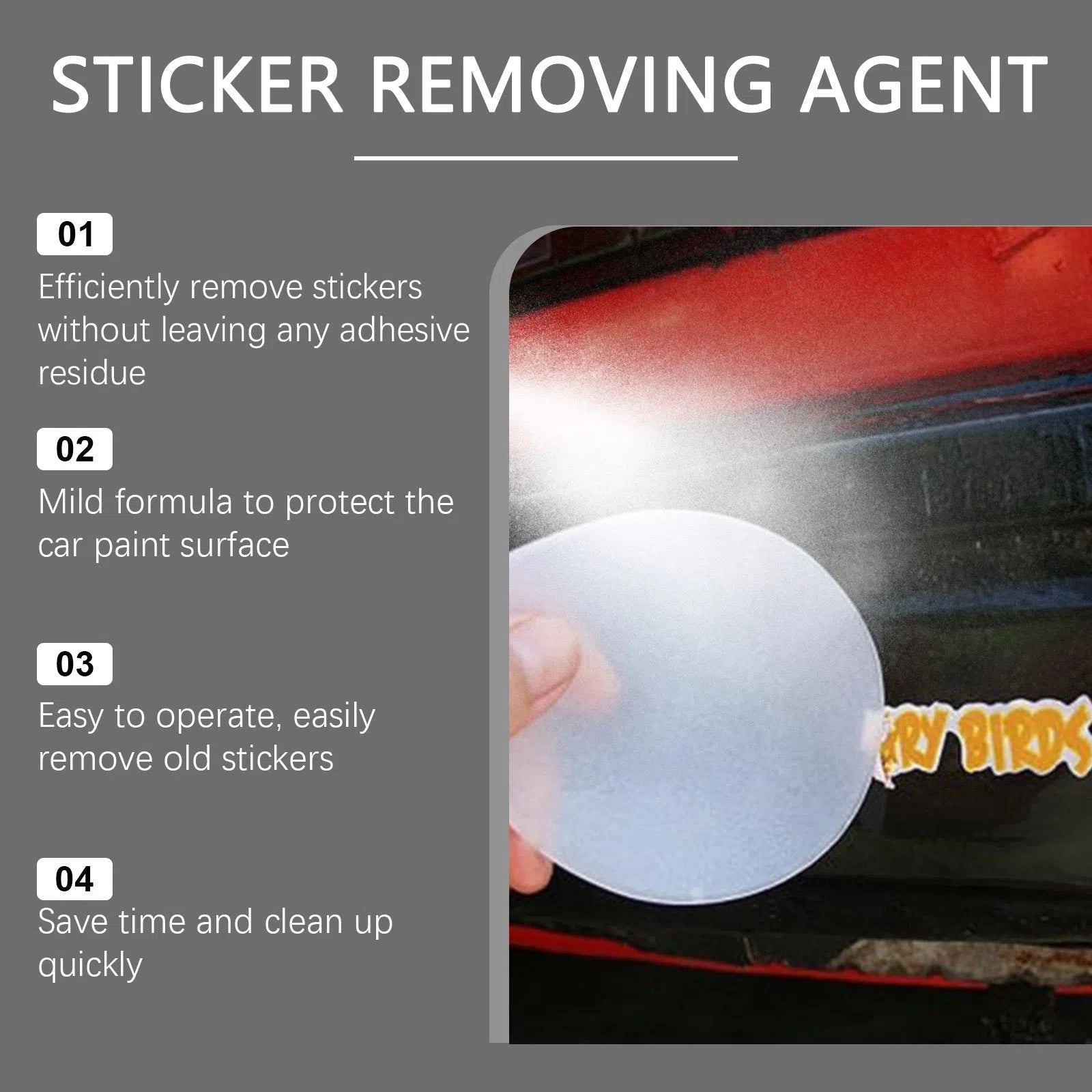 Automobile sticker remover set with 100ml bottle and square towel on car windscreen