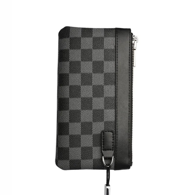 Black plaid patterned men's leather clutch wallet showing front view.