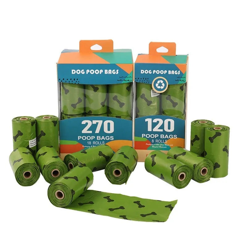 Military green degradable dog poop bags with black bone print, 23cm by 33cm size