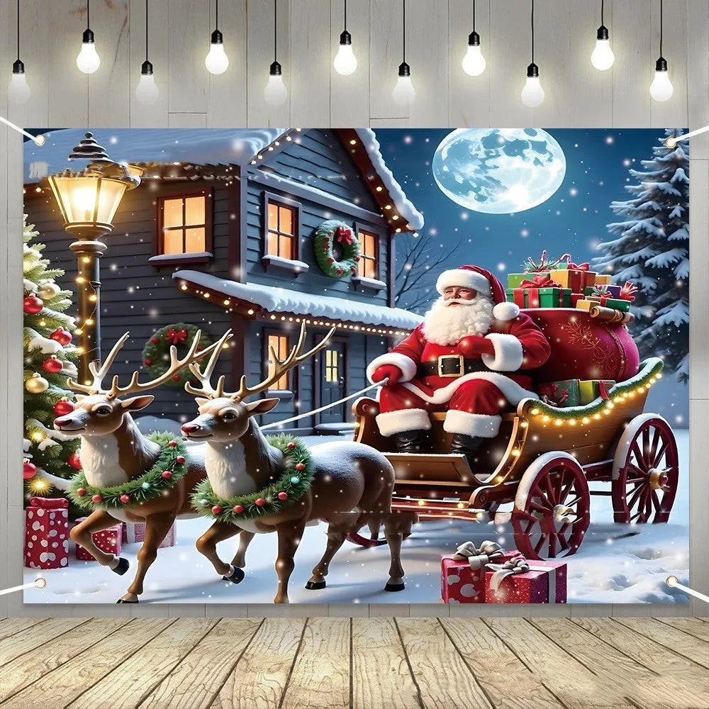 Red Christmas banner with Santa Claus design measuring 210 x 150 cm