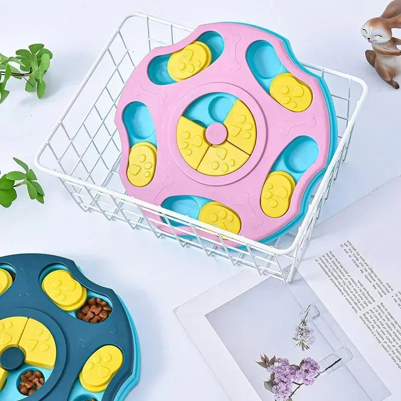 Blue interactive dog puzzle toy bowl with food compartments for slow feeding and brain games.