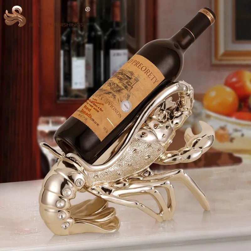 Lobster-shaped wine rack ornament in rose gold or elegant silver metallic finish