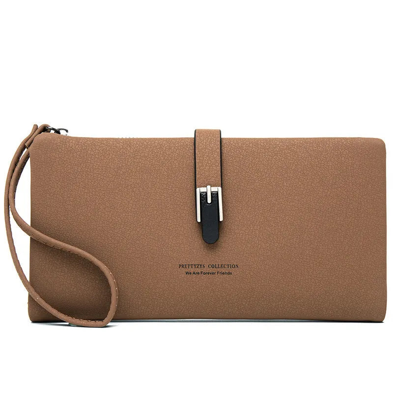 Long female wallet simple clutch in PU leather, solid brown colour, showing slim 19.5cm by 11cm design