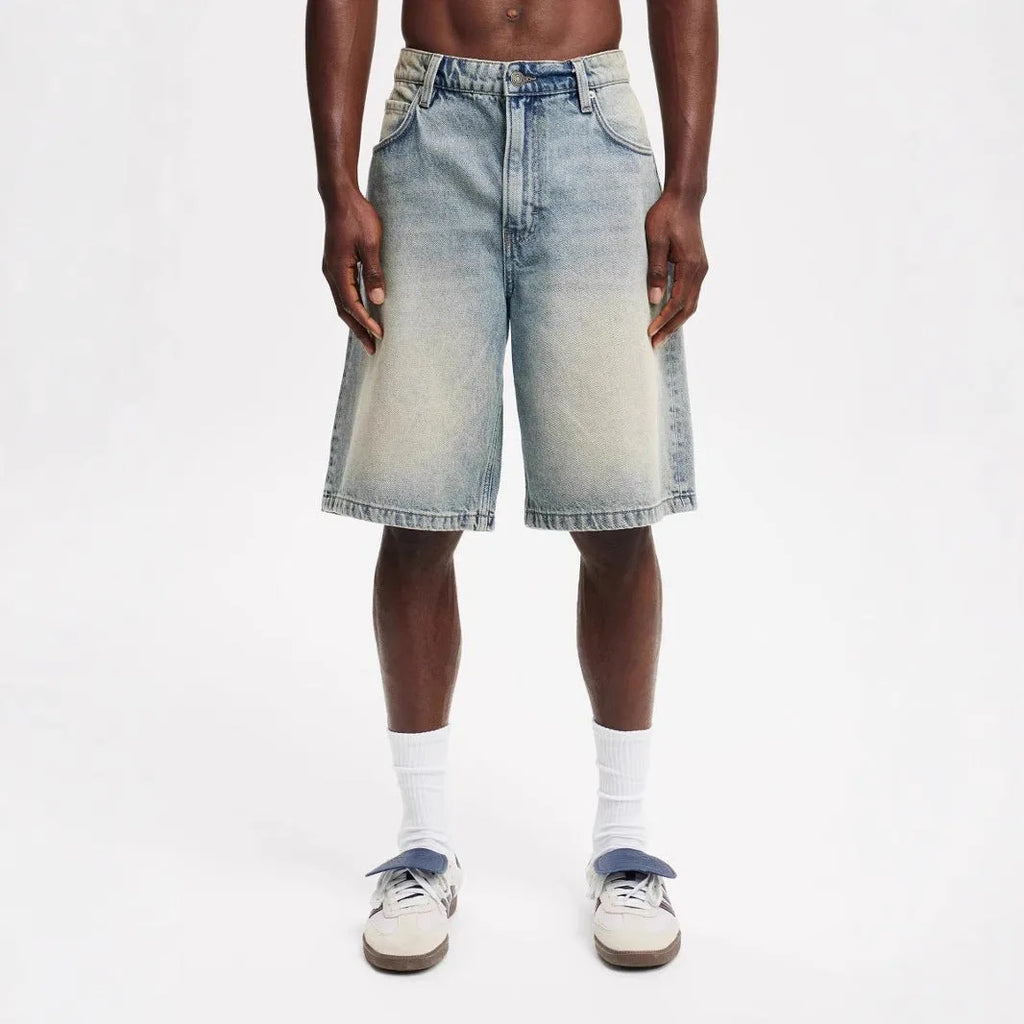 Men's loose straight leg jeans in light cotton denim available in black, grey and light blue colours
