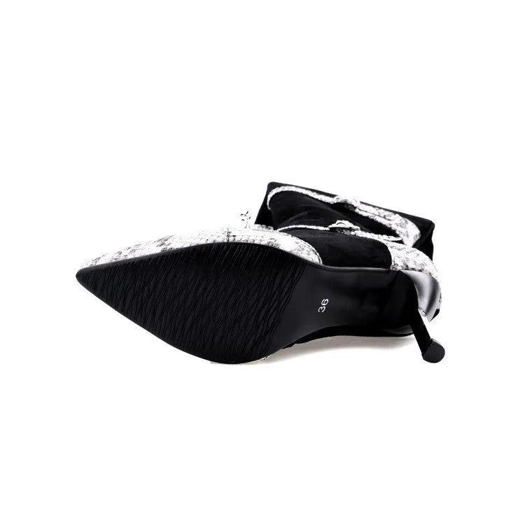 Grey and black women's knee-high boots with a thin high heel on a rubber sole