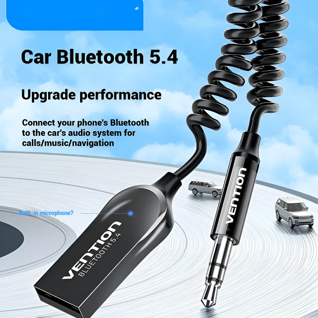 NAI USB car Bluetooth 5.4 audio receiver with USB-A plug and 3.5mm jack on black cable.