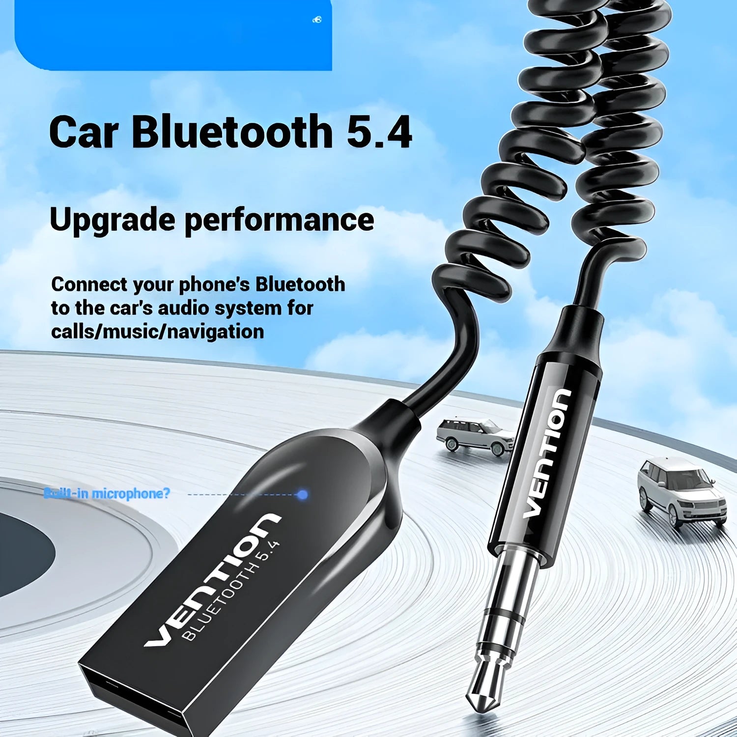 NAI USB car Bluetooth 5.4 audio receiver with USB-A plug and 3.5mm jack on black cable.