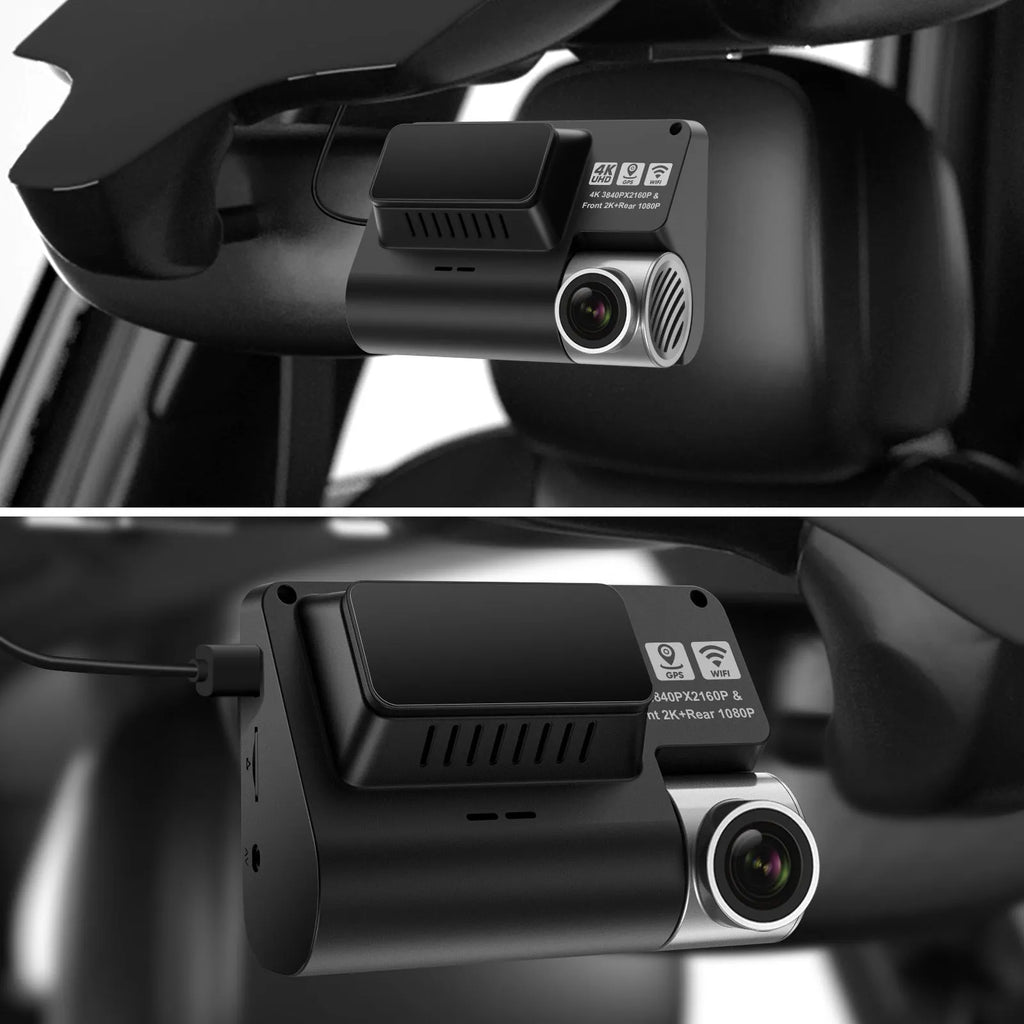 V55 4K UHD night vision car camera in black with lens, mounted on front windshield