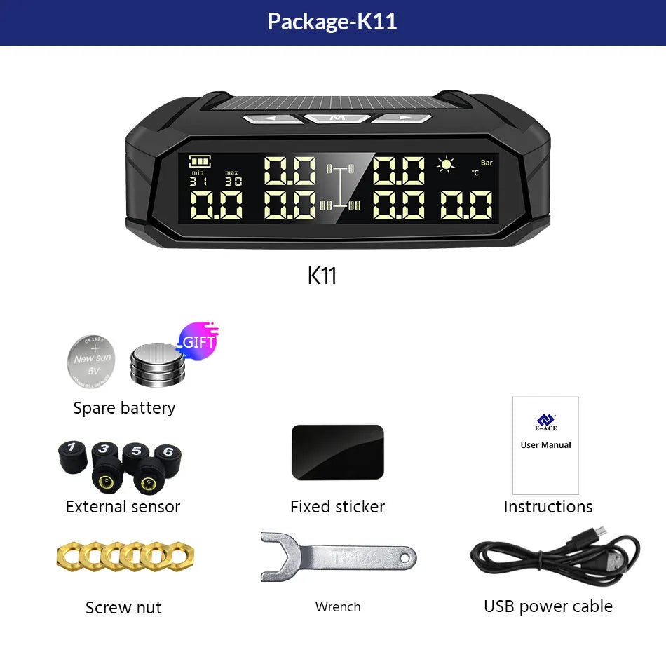 Solar external tyre pressure monitor display unit with colour screen next to six tyre sensors.