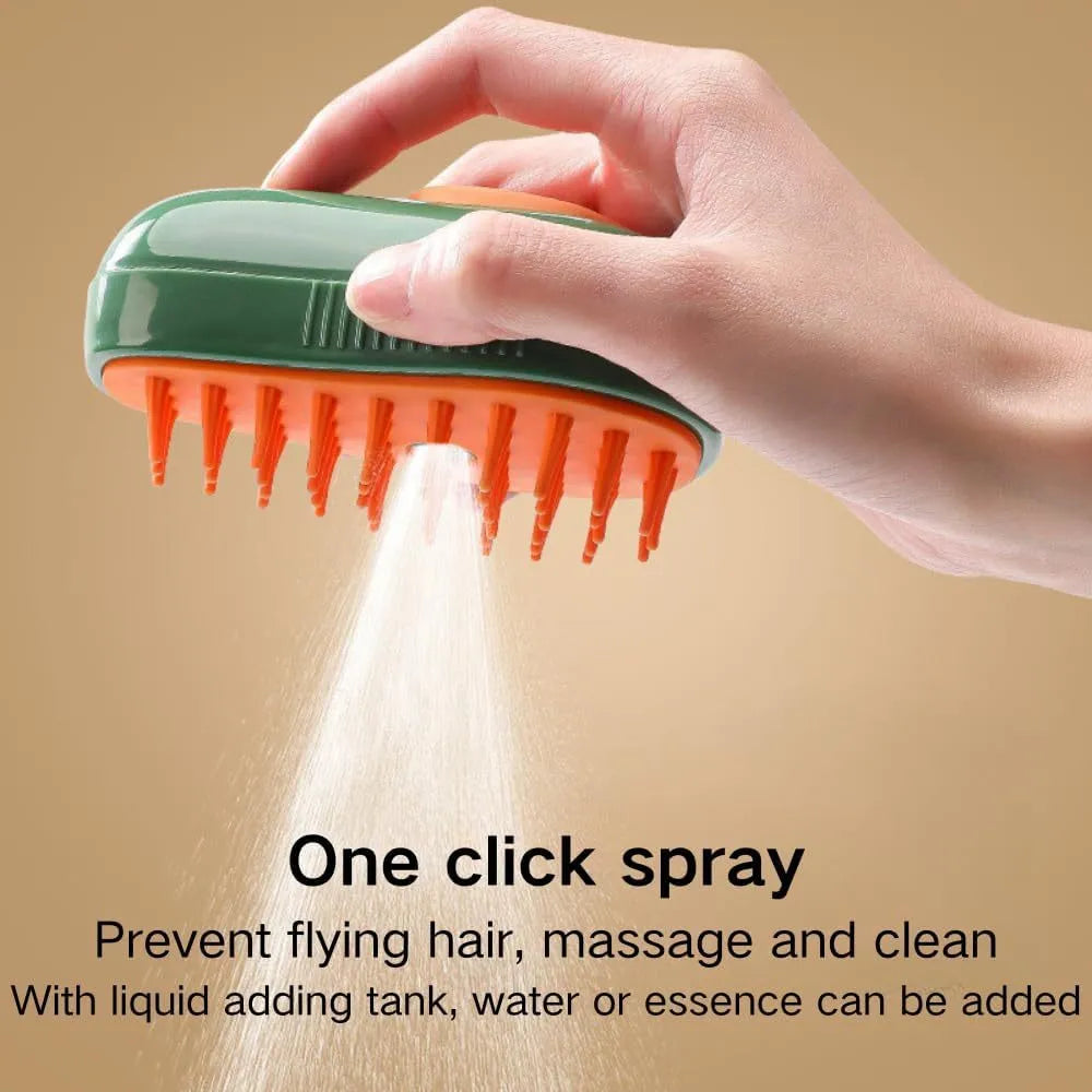 Green and white rechargeable cat steam grooming brush with silicone teeth on a wooden table.
