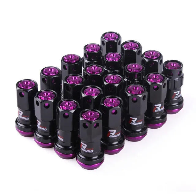 Set of flat head aluminium alloy wheel nuts in red, gold, blue, purple, and black colour variants.