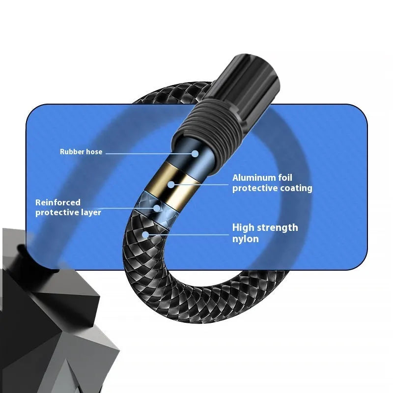 Black portable electric tyre inflator with digital display and 12V vehicle power plug