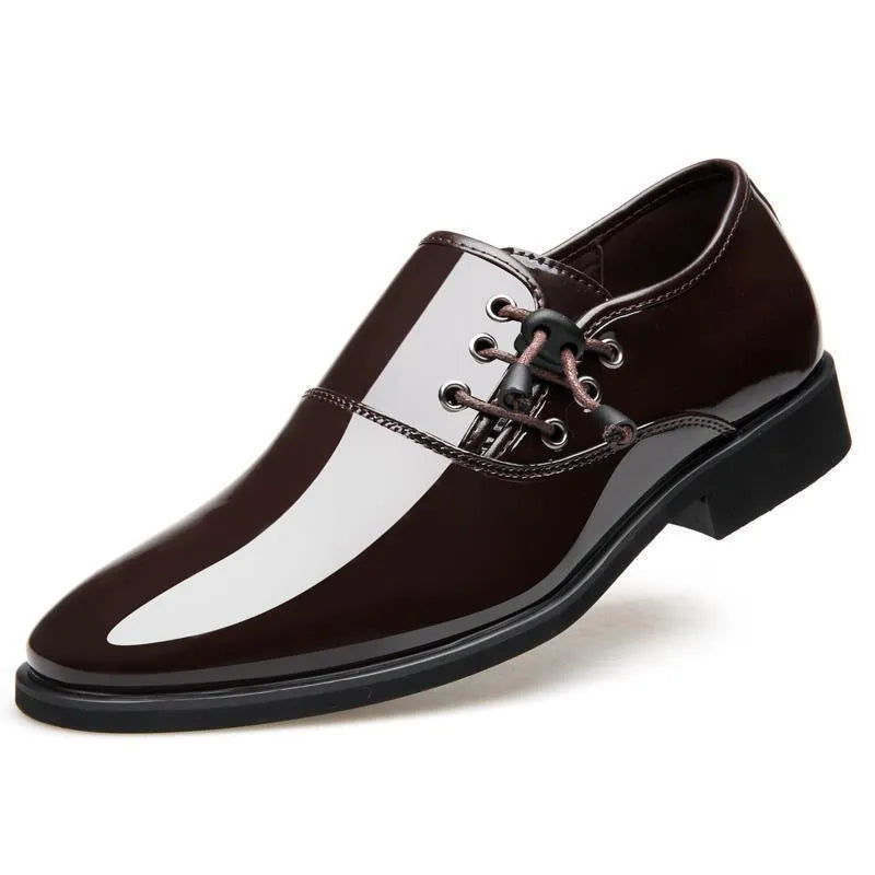 Men's black and brown business formal shoes with round toes and square heels on rubber soles