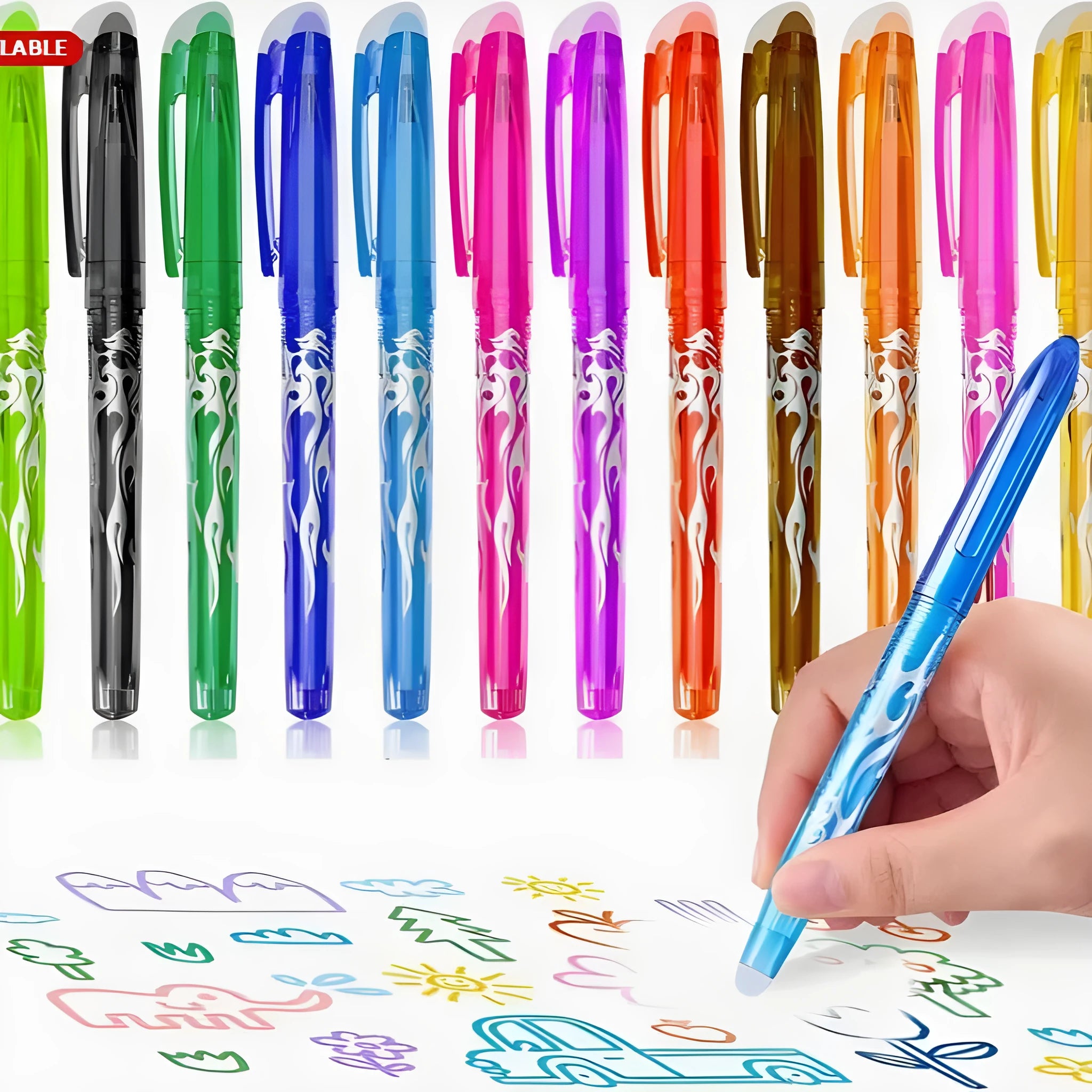 Heat-erasable gel pen set with plastic shells and stainless steel nibs in multiple colours