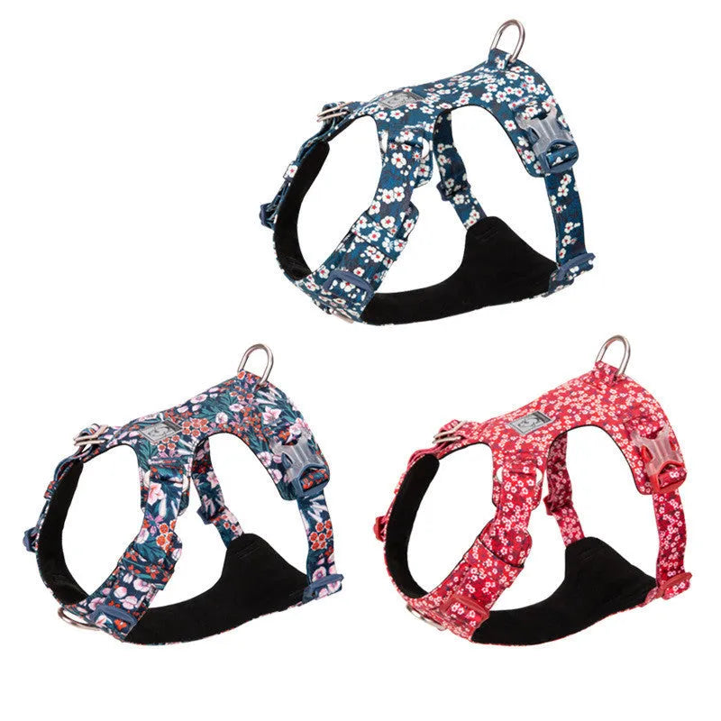 Floral patterned pure cotton dog chest harness with adjustable straps for walking control