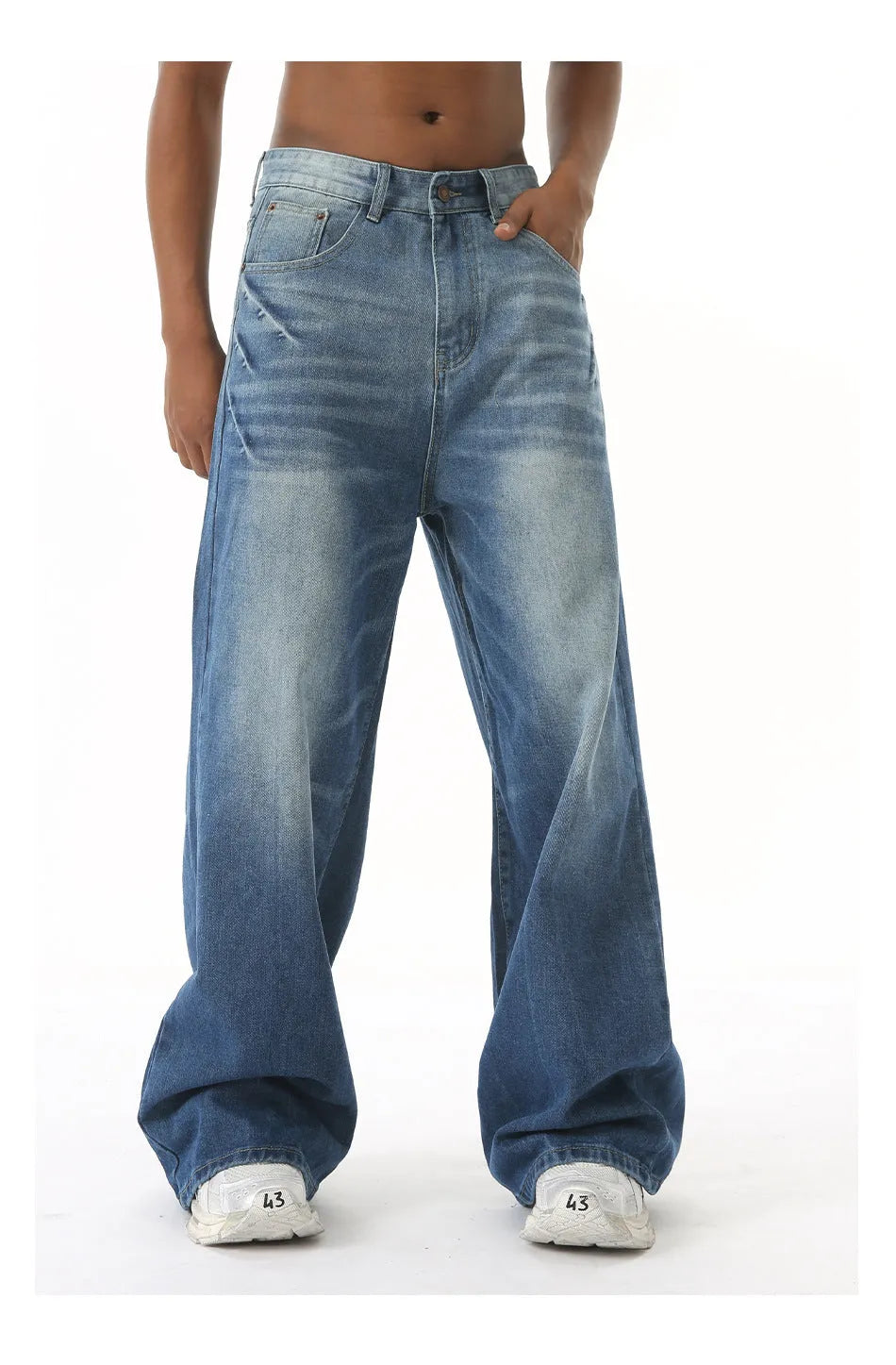 Men's retro washed light blue straight wide leg jeans with zipper fly, front view