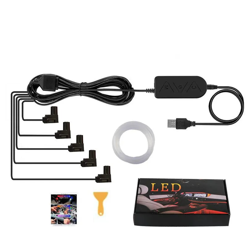 Car USB atmosphere light with RGB colours, ABS housing, fibre cable for centre console and instrument panel modification