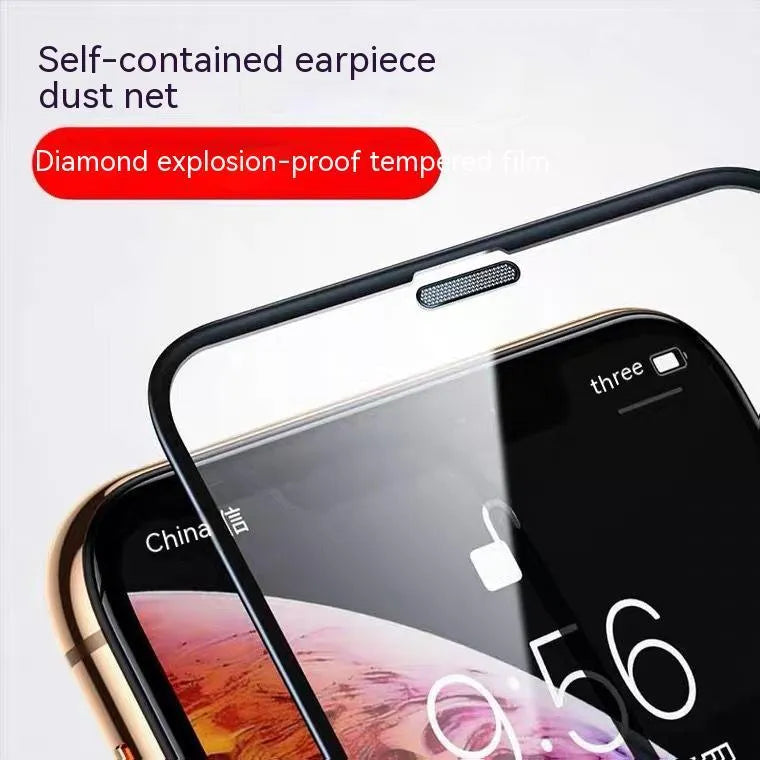 iPhone tempered glass screen protector with dustproof net edge and privacy filtering option applied to iPhone 14