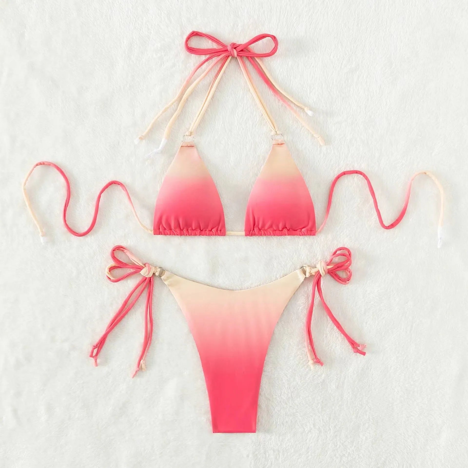 Women's separated gradient colour bikini swimwear set showing top and bottom pieces