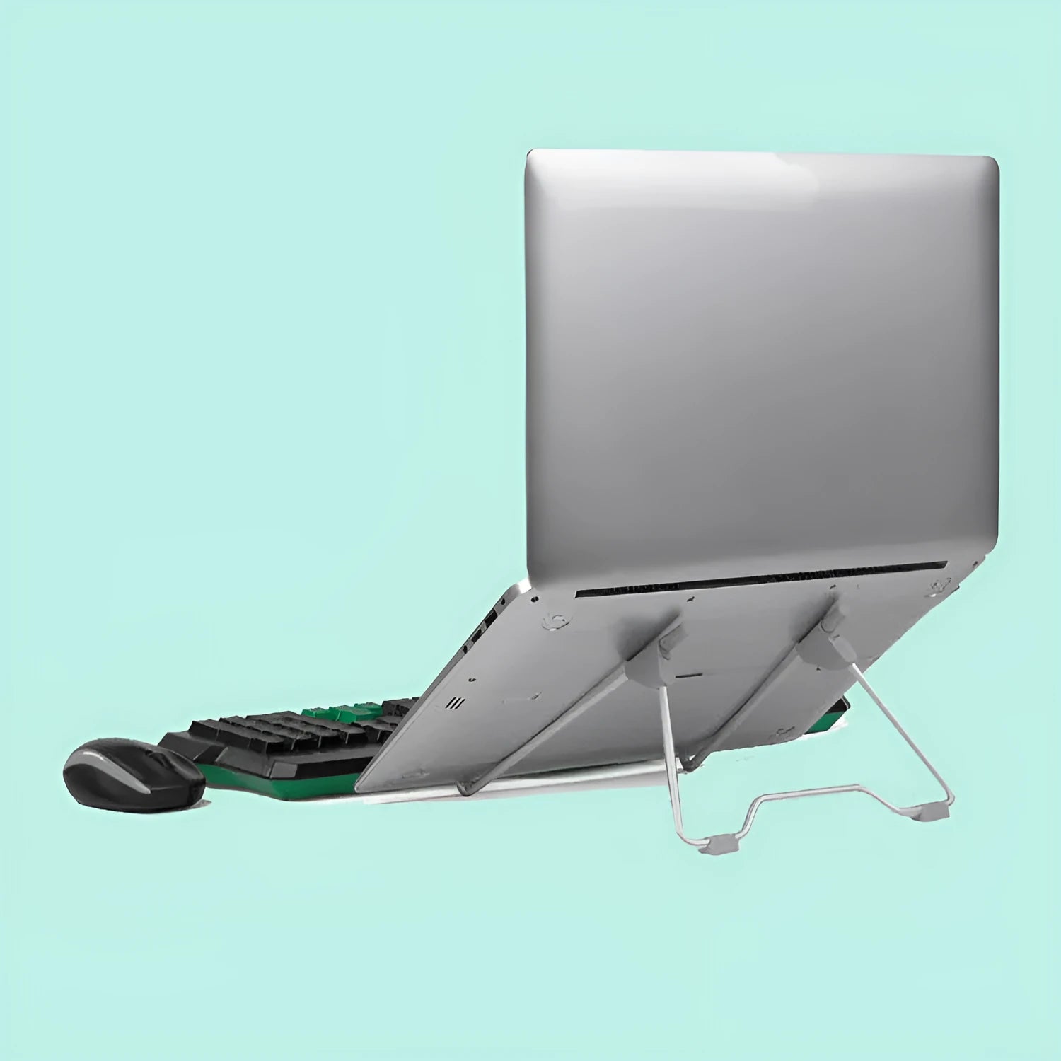 A grey aluminium alloy and plastic stand holding a mobile phone and a laptop at an adjustable angle.