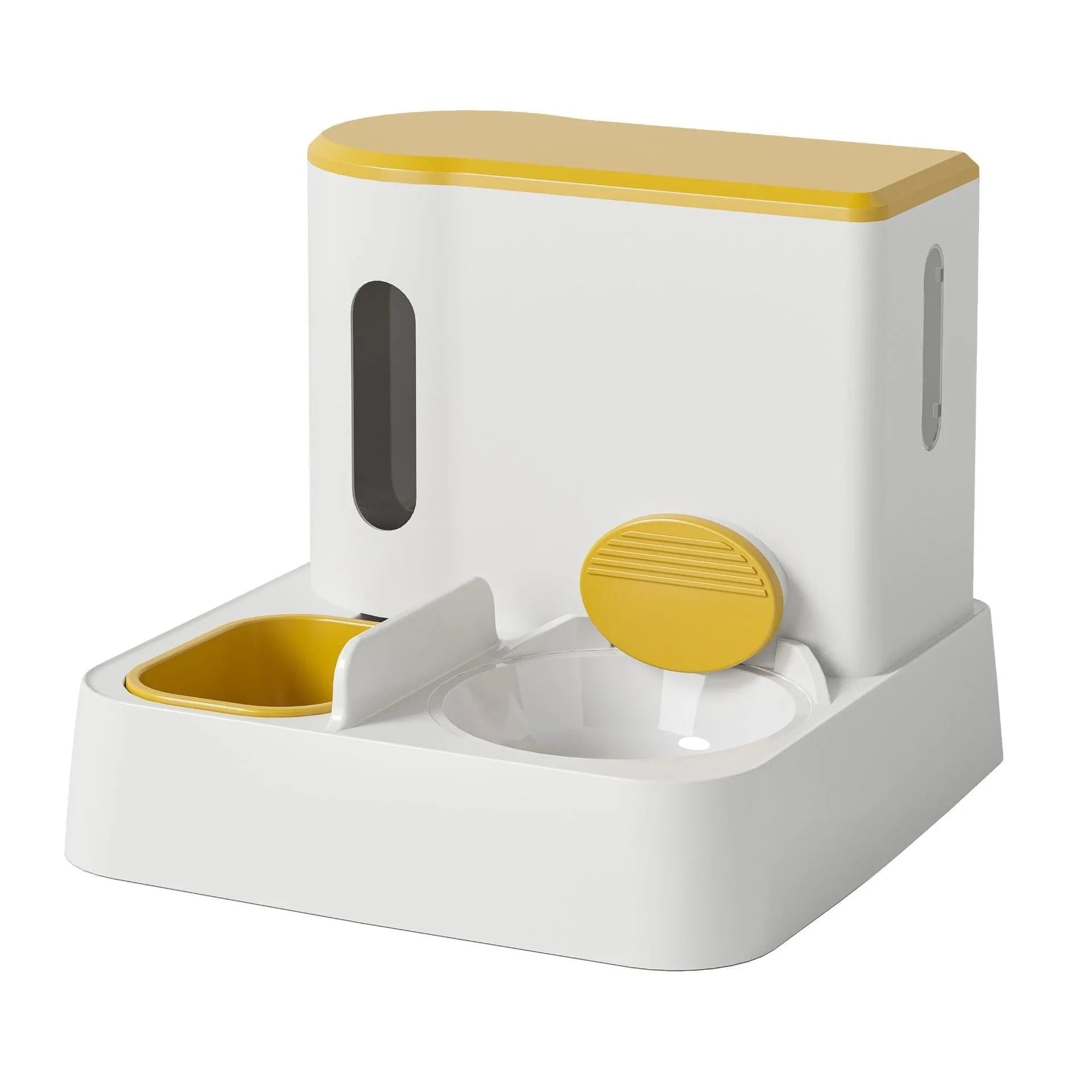 Automatic cat feeder and water dispenser with integrated double bowl in grey, green, or yellow